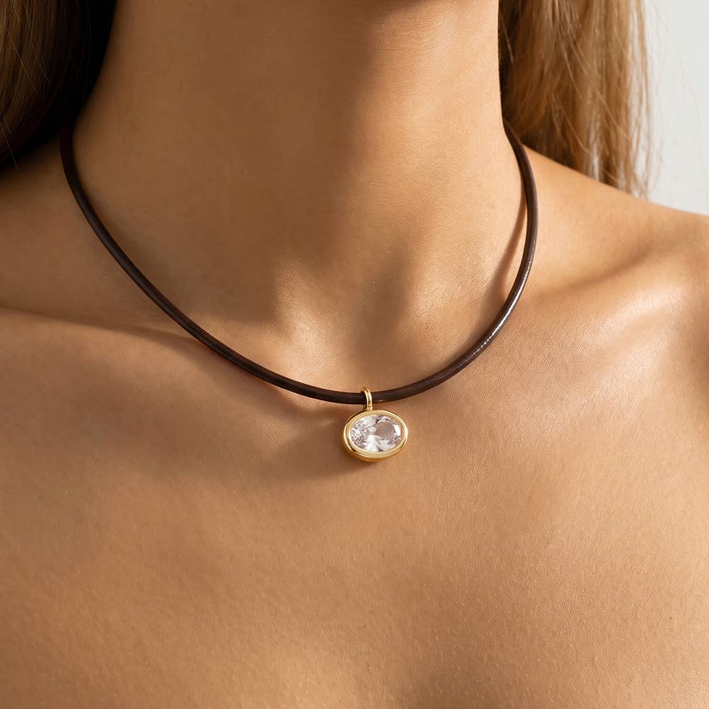 Gold Dipped Oval Bezel Cz Cord Pendant Necklace: Black