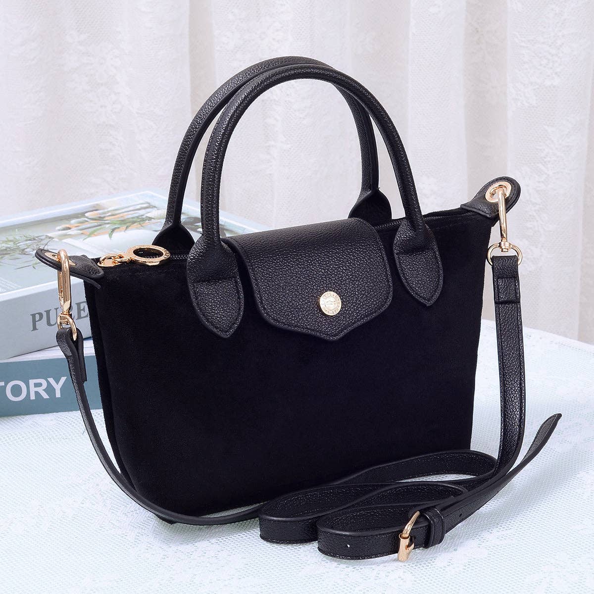 Britney Suede Double Handle Crossbody Bag: Black