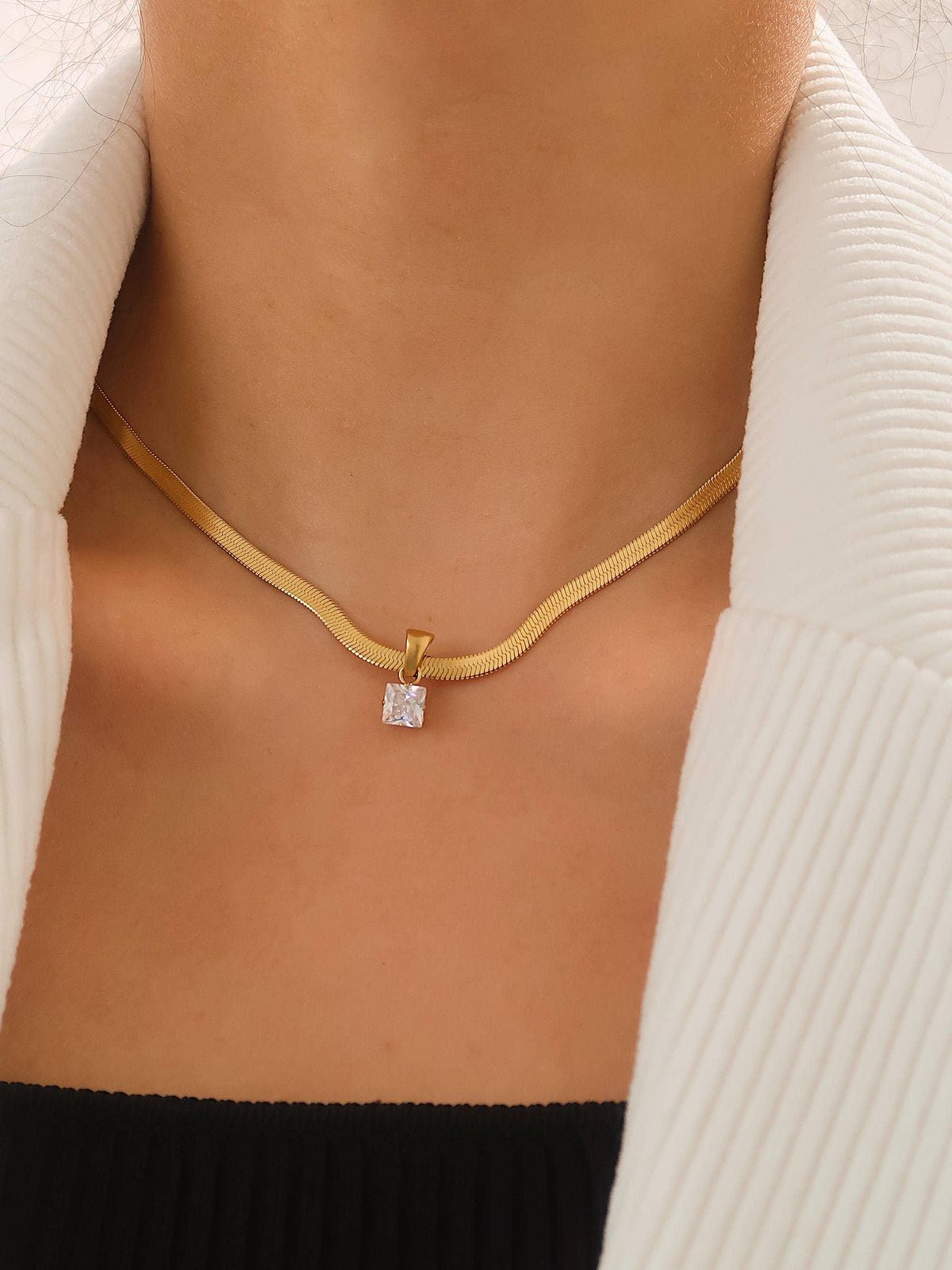 Blanc 18K Gold Non-Tarnish CZ Snake Chain Necklace: Yellow Gold