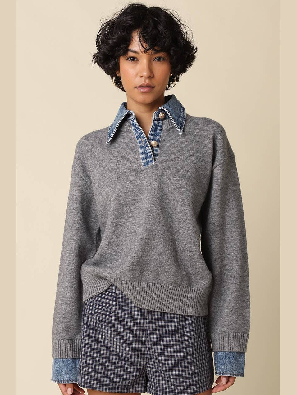 Emely Contrast Knit Top: GREY LT DENIM