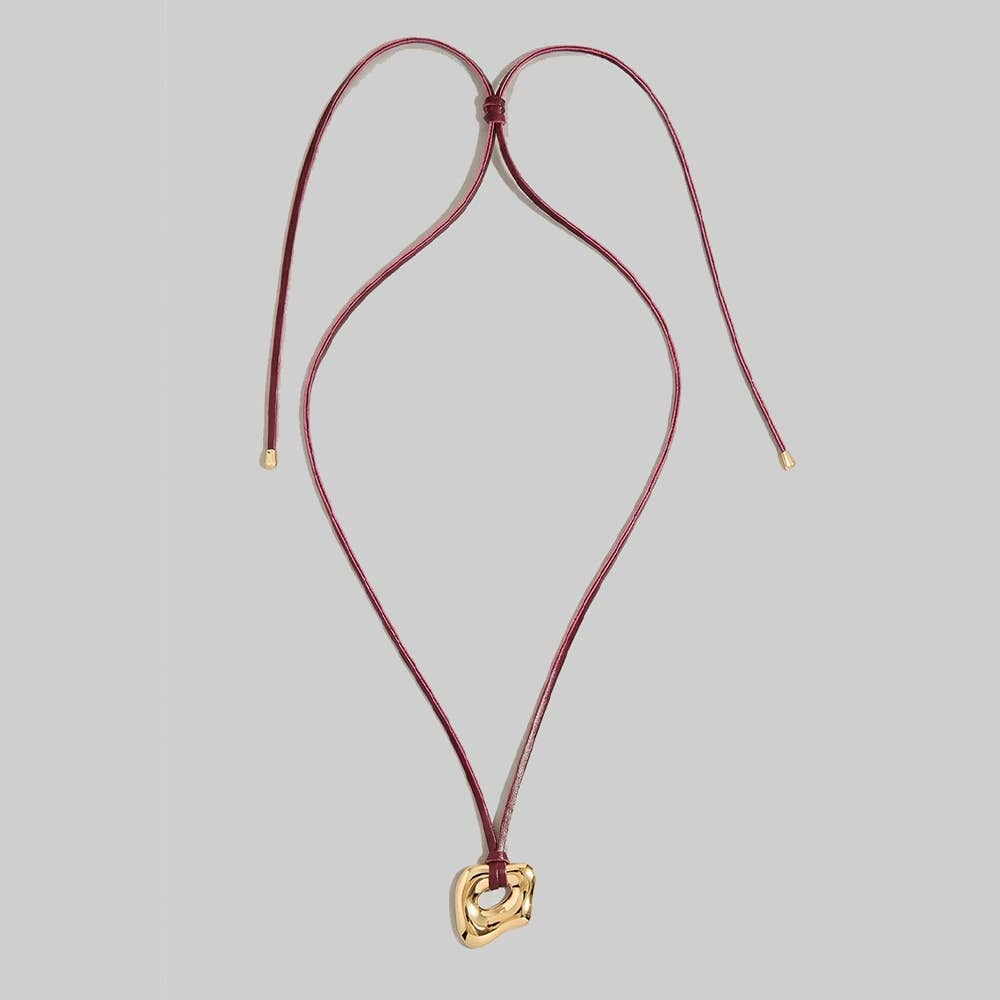 Abstract Gold Pendant Adjustable Cord Necklace: Burgundy
