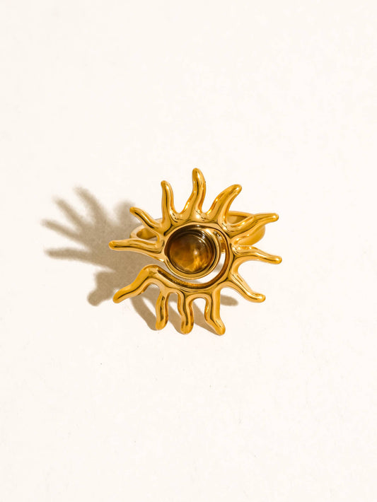 Hawthorne 18K Gold Non-Tarnish Tiger Eye Sun Ring: Brown / 7