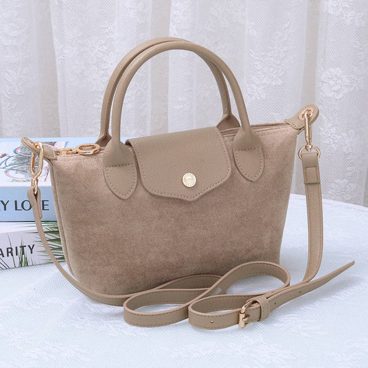Britney Suede Double Handle Crossbody Bag: Taupe