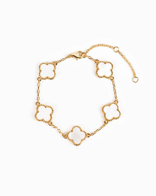 Double Sided Pearl Clover Chain Bracelet: White