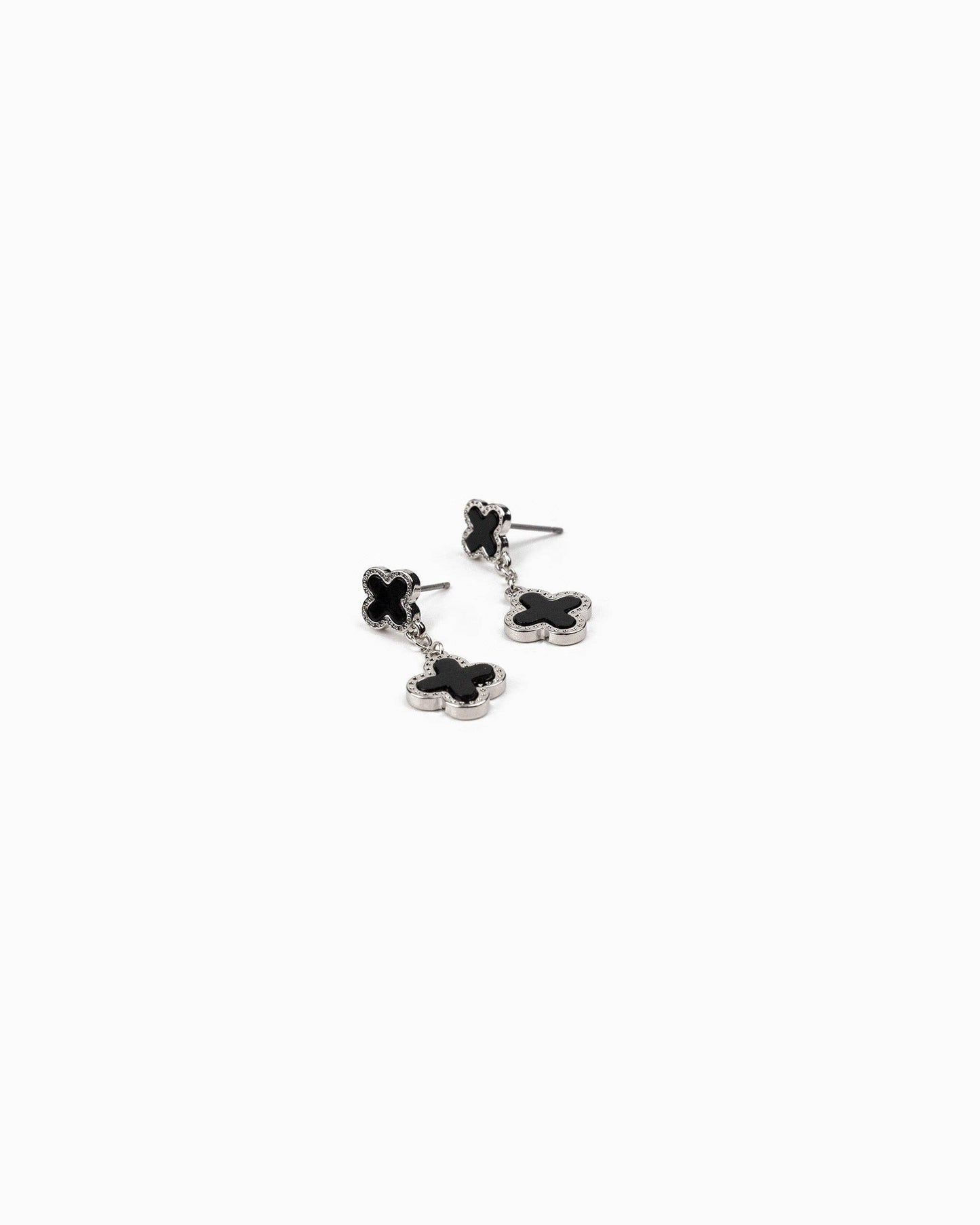 Mother of Pearl Double Clover Drop Earrings: Silver Black