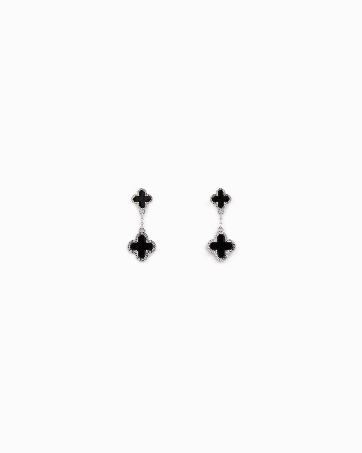Mother of Pearl Double Clover Drop Earrings: Silver Black