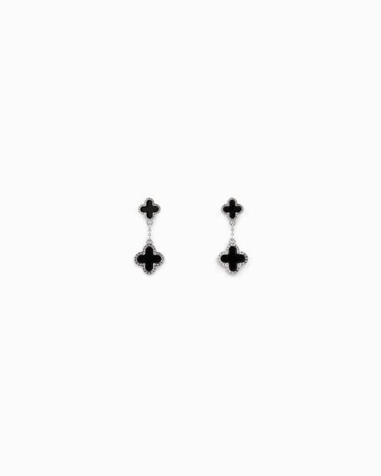Mother of Pearl Double Clover Drop Earrings: Silver Black
