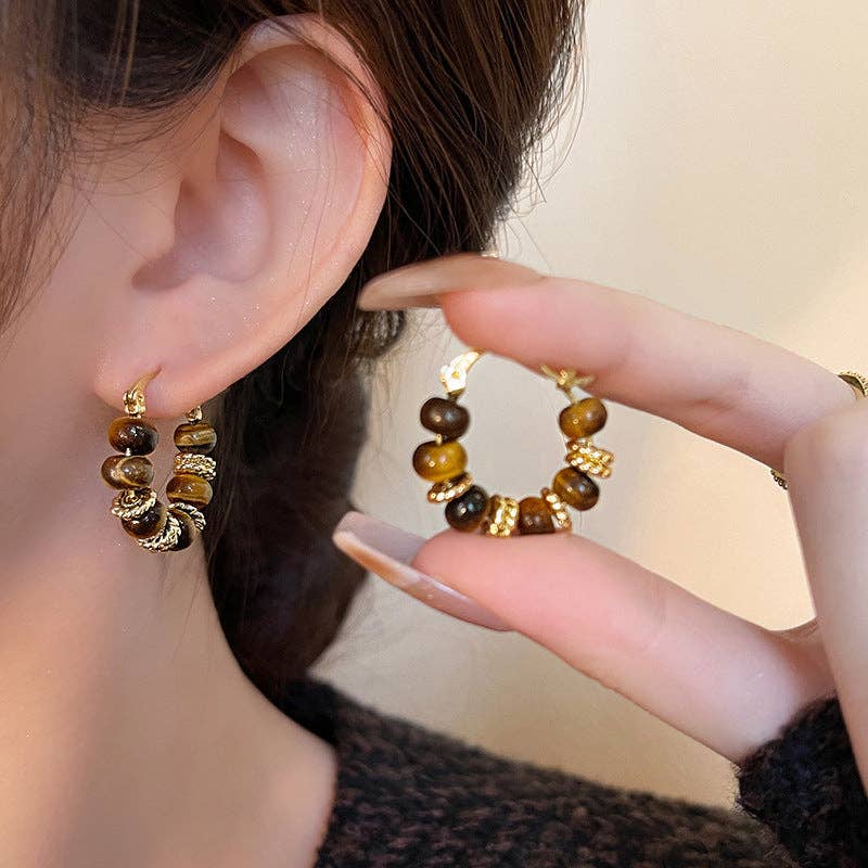 Tiger Eye Stone Bead Hoop Earrings