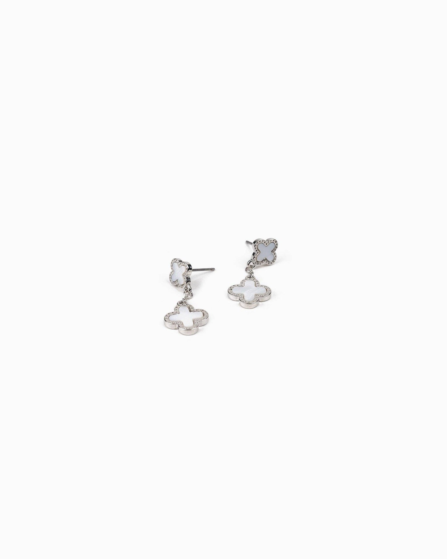 Mother of Pearl Double Clover Drop Earrings: Silver White