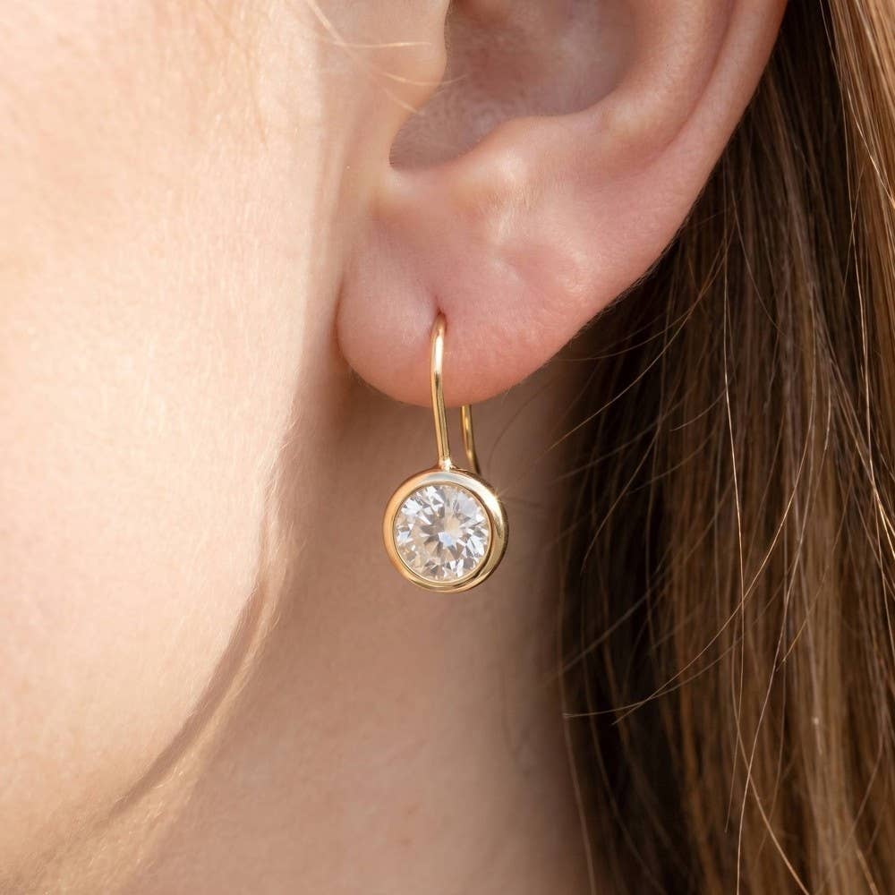 Round Cz Bezel Drop Earrings: Silver