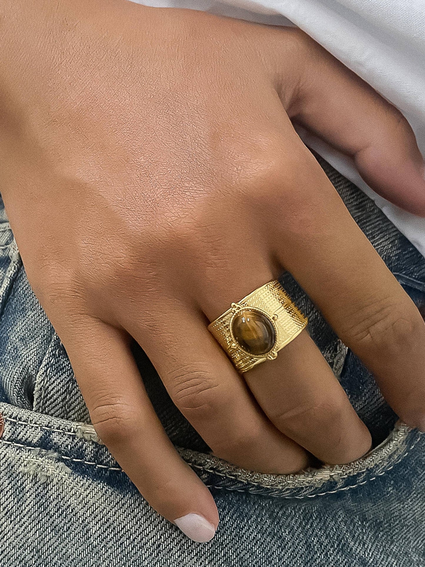 Oasis 18K Gold Non-Tarnish Stone Bold Adjustable Ring: Brown