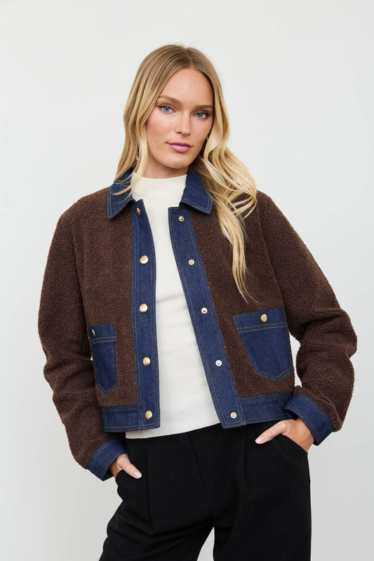 DENIM TRIM SHERPA CROPPED JACKET