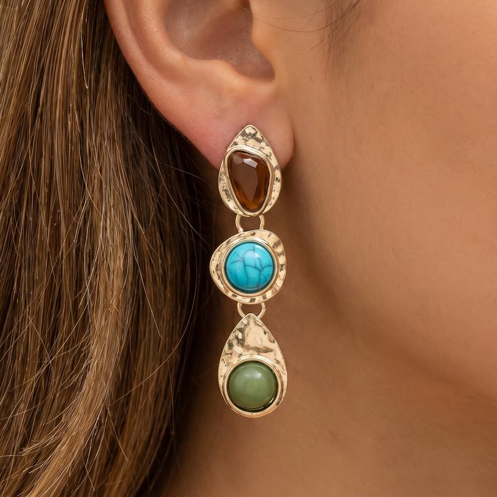 Triple Tier Resin Cabochon Hammered Drop Earrings