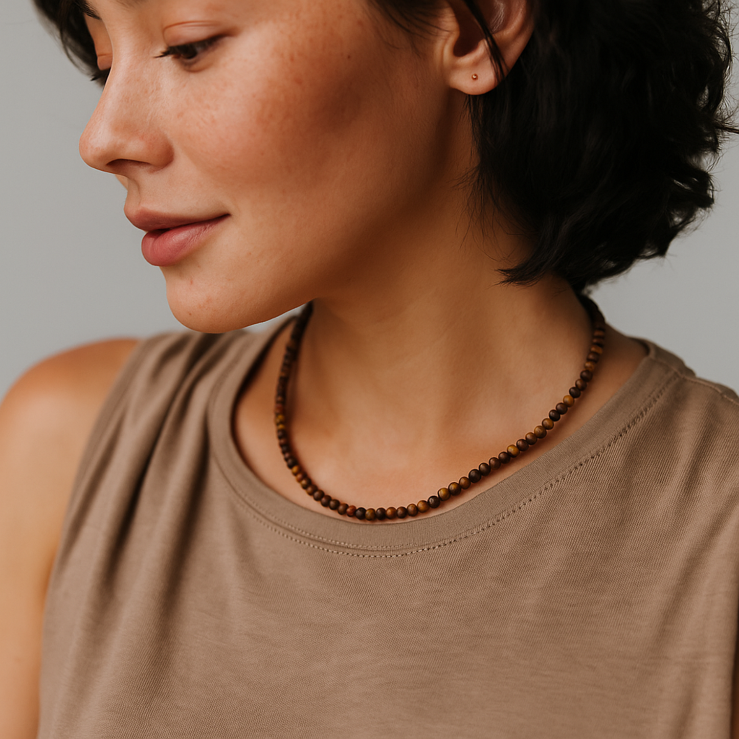 Natural Stone Beads Single Strand Necklace: Tiger's Eye Brown
