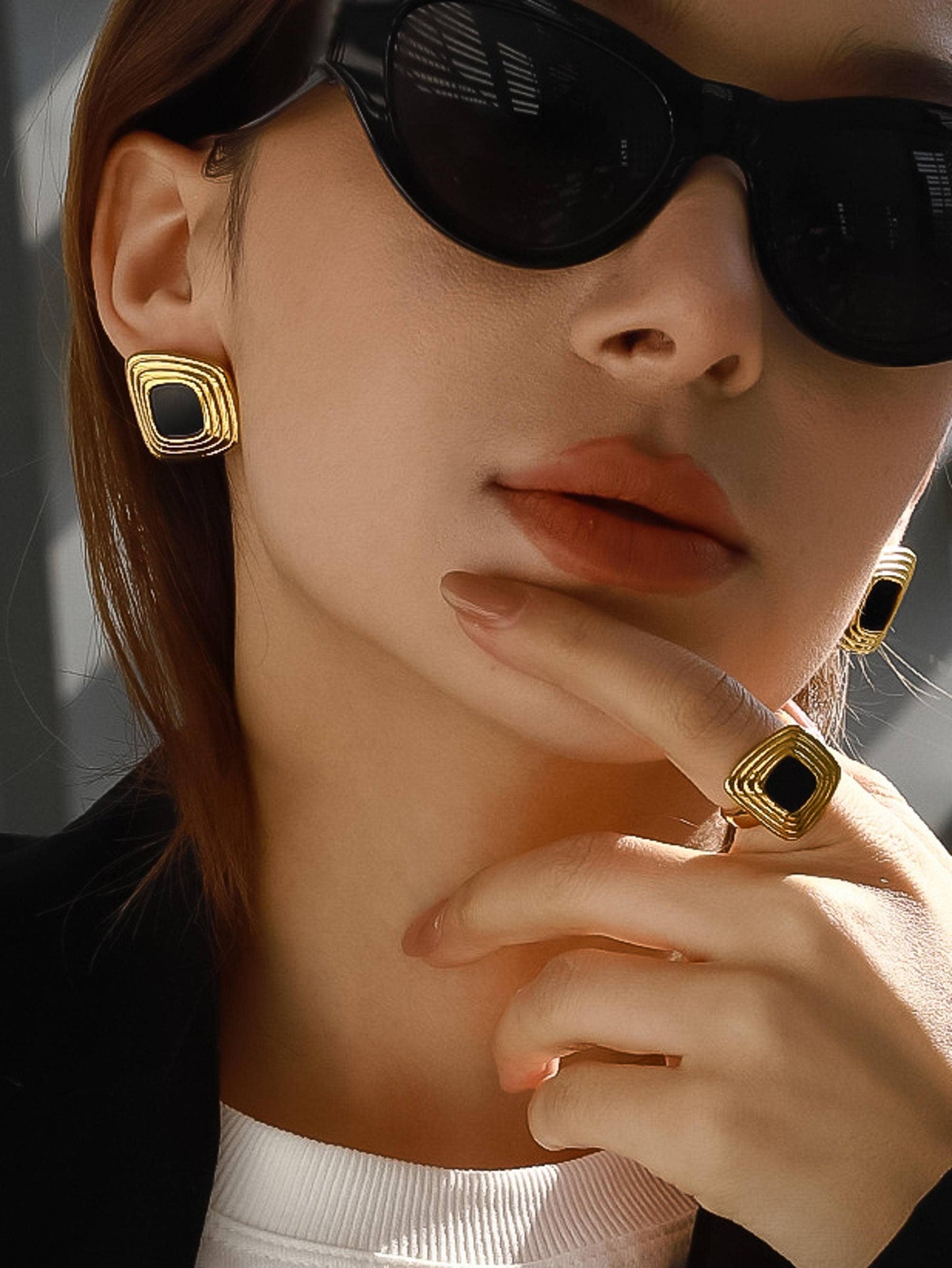 Solenne 18K Gold Non-Tarnish Enamel Square Earrings: Black