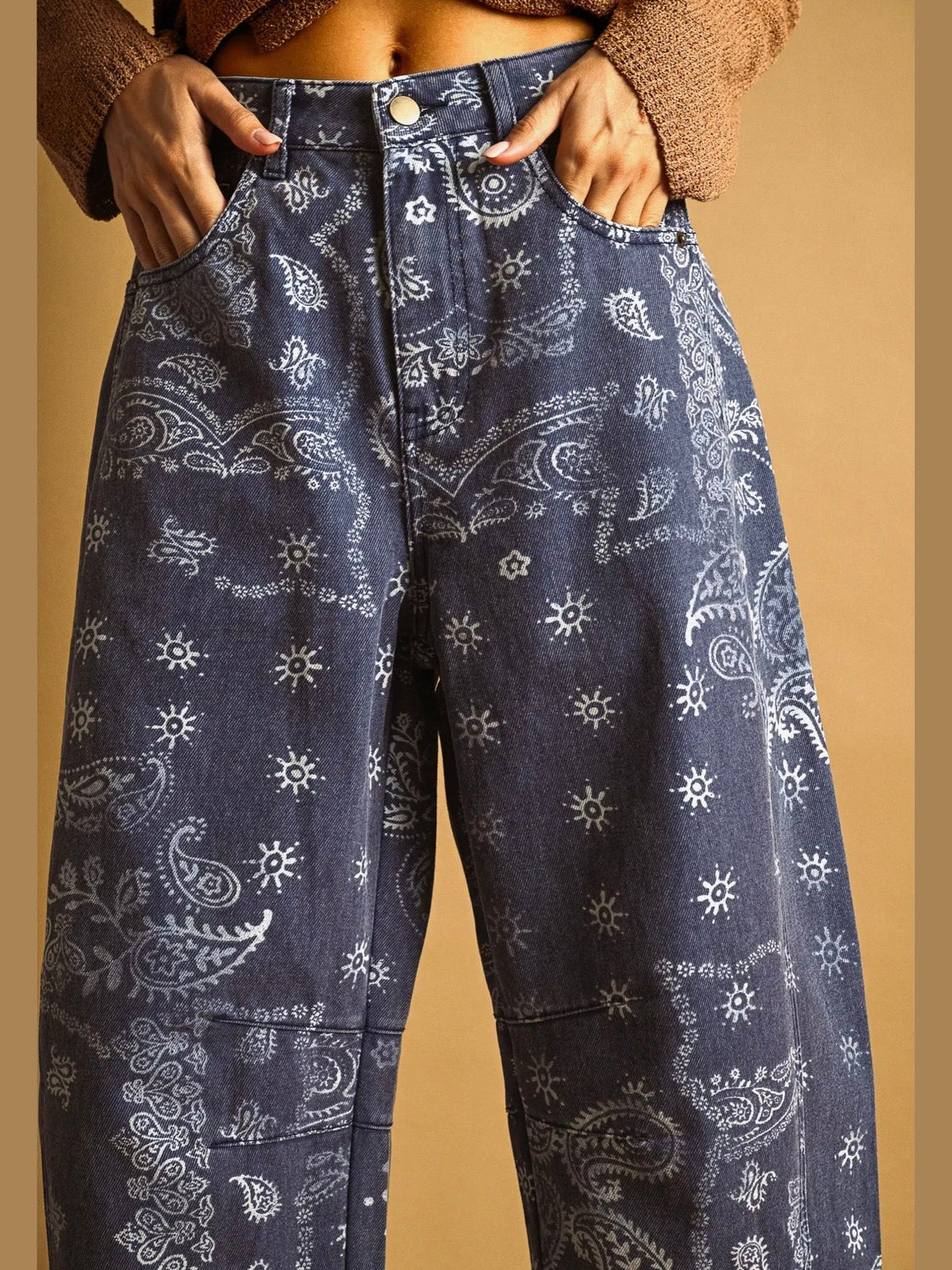 Paisley Print Washed Denim Pants