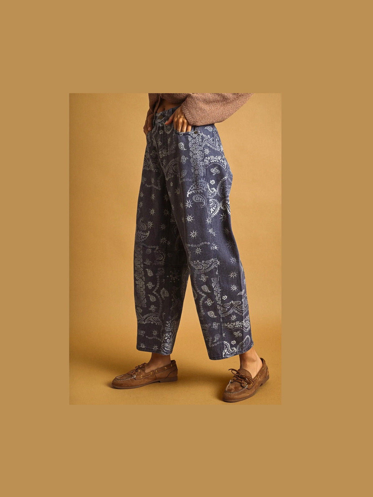 Paisley Print Washed Denim Pants