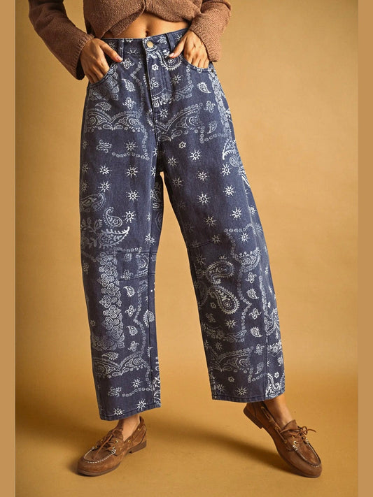 Paisley Print Washed Denim Pants