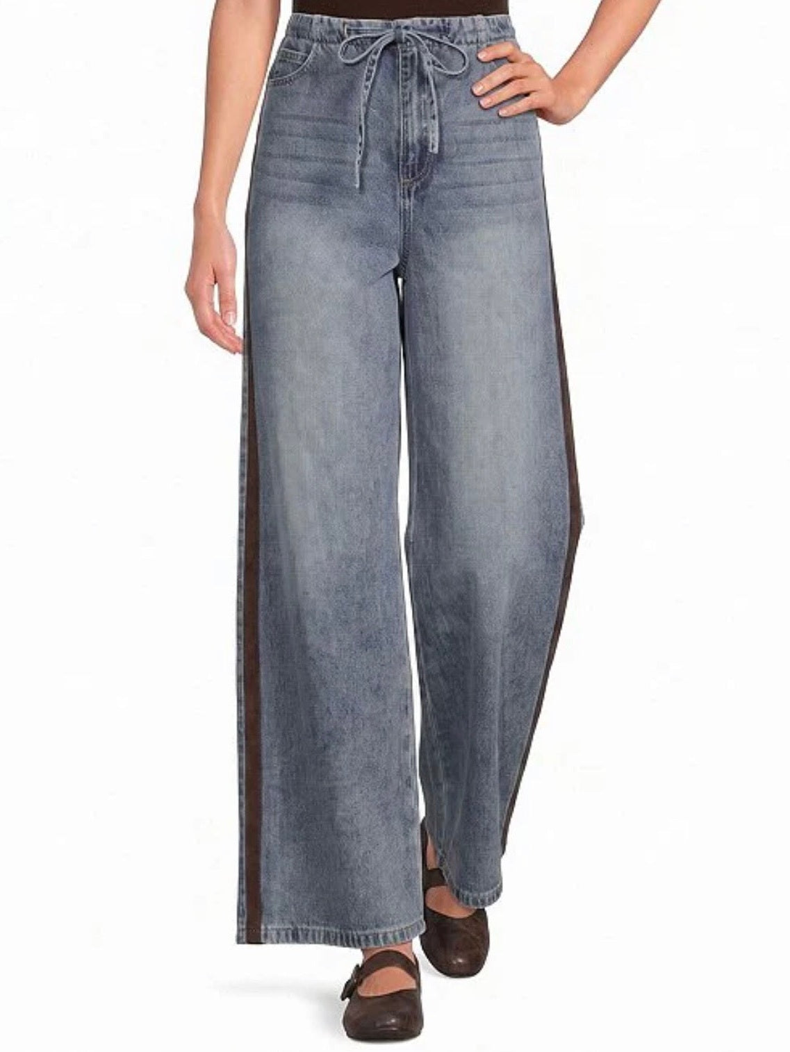High Rise Wide Leg Faux Suede Side Stripe Denim Pants