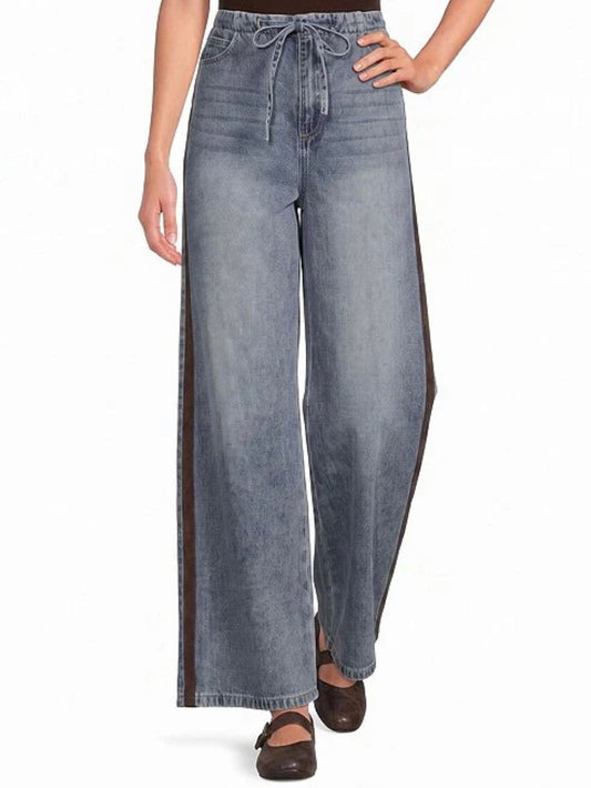 High Rise Wide Leg Faux Suede Side Stripe Denim Pants