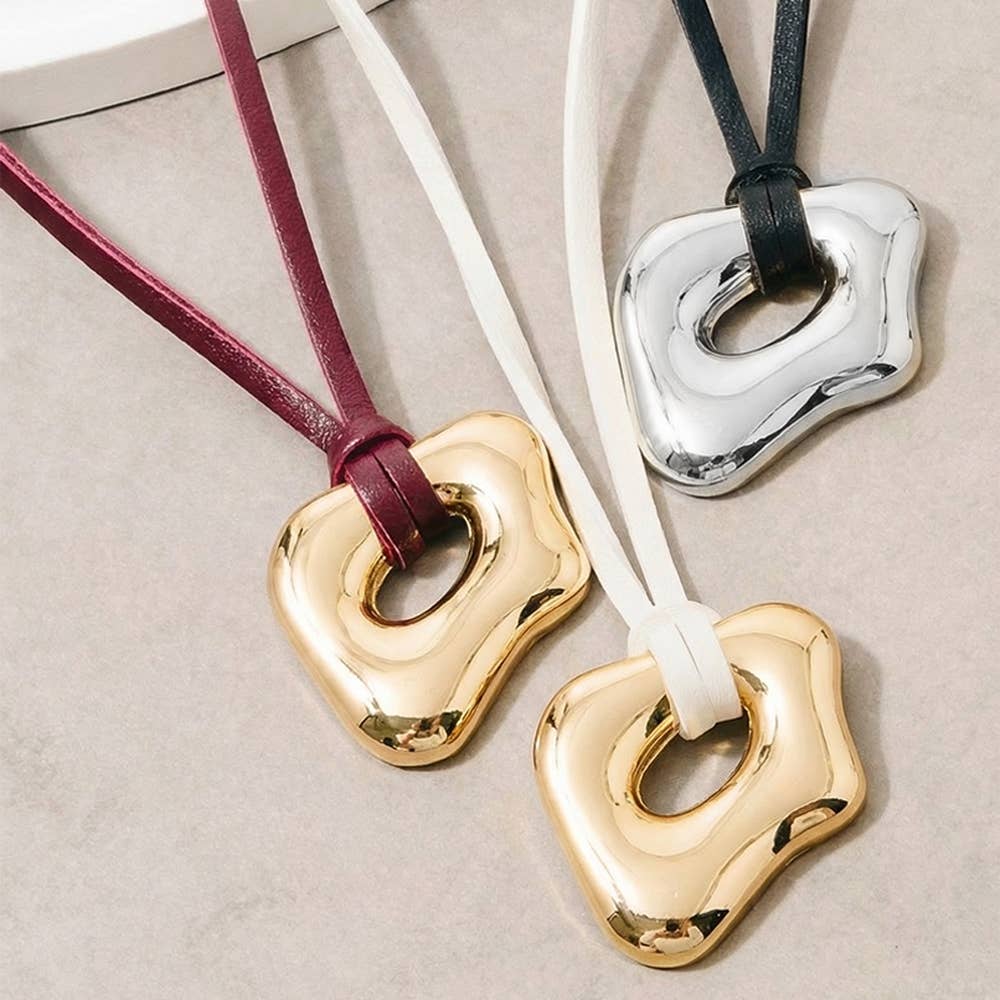 Abstract Gold Pendant Adjustable Cord Necklace: Black