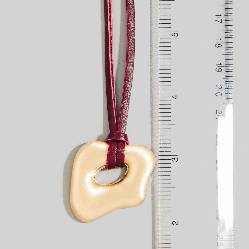 Abstract Gold Pendant Adjustable Cord Necklace: Burgundy