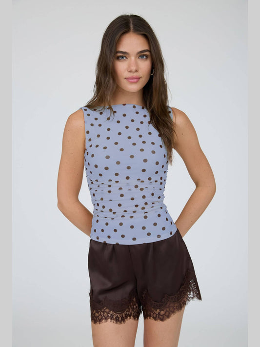 VIC POLKA DOT TOP - DUSTY BLUE & BROWN