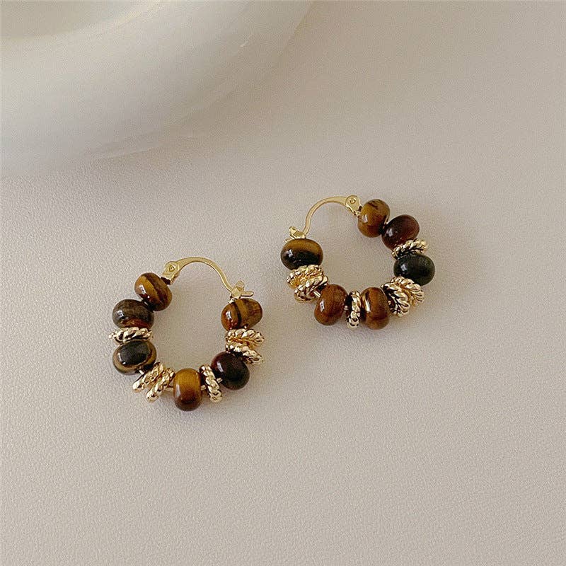 Tiger Eye Stone Bead Hoop Earrings
