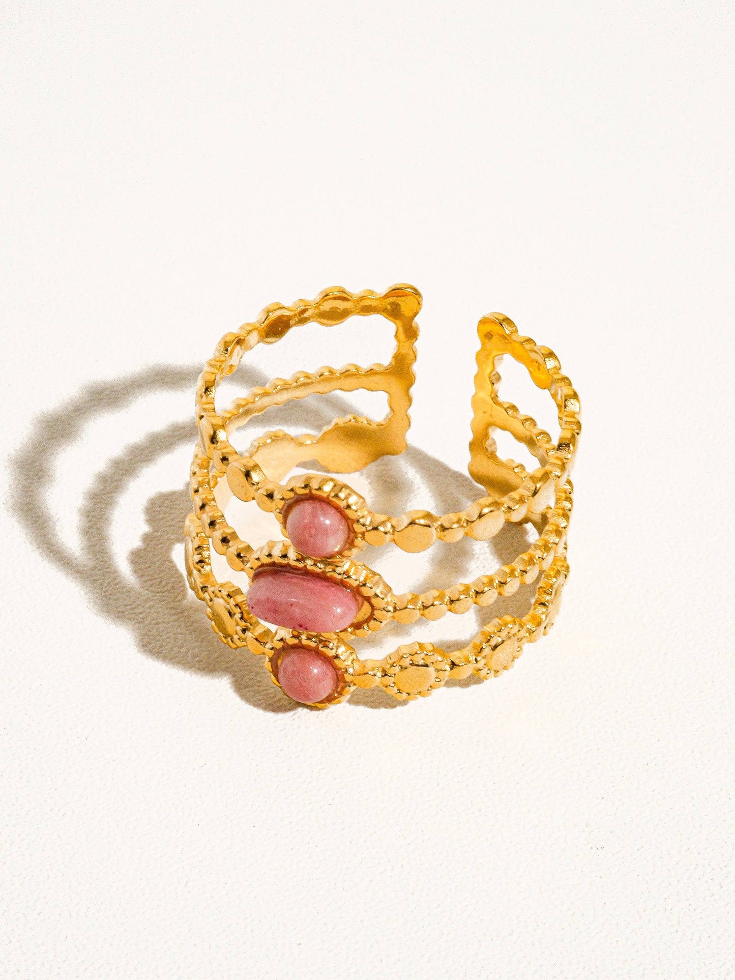 Posh 18K Gold Non-Tarnish Trilayer Adjustable Stone Ring: Pink