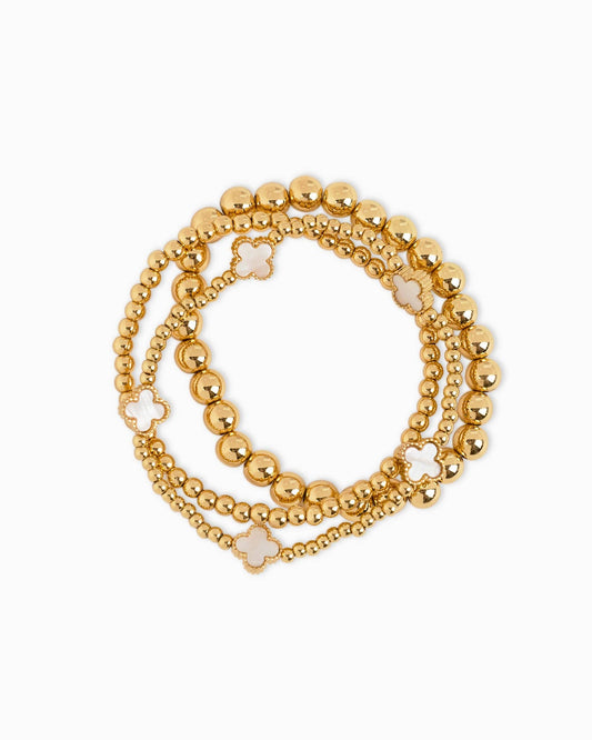 Mother of Pearl Clover Stretch Bead Bracelets Set - White