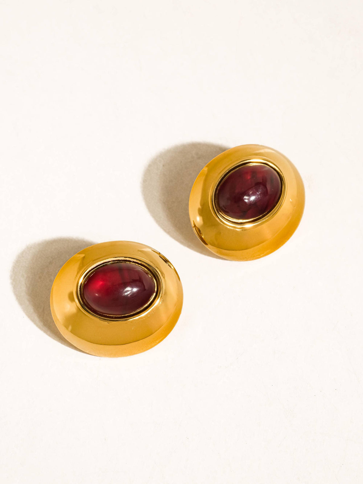 Pine 18K Gold Non-Tarnish Red Stone Stud Earrings: Yellow Gold