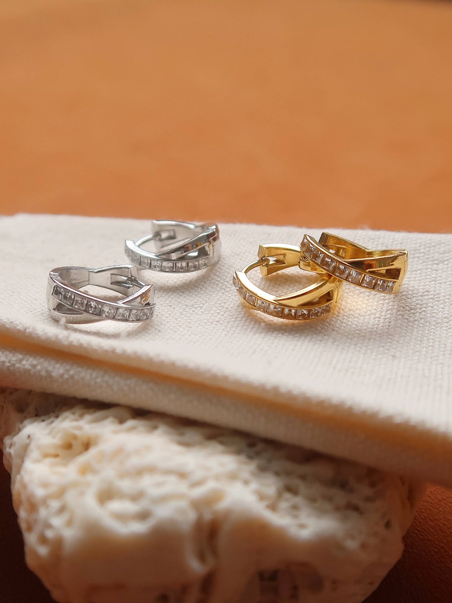 Maissac 18K Gold Non-Tarnish CZ Crossover Huggie Earrings