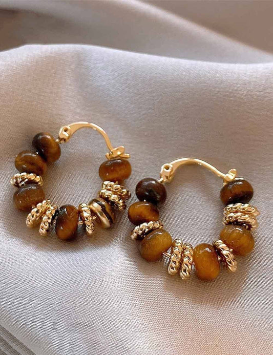 Tiger Eye Stone Bead Hoop Earrings