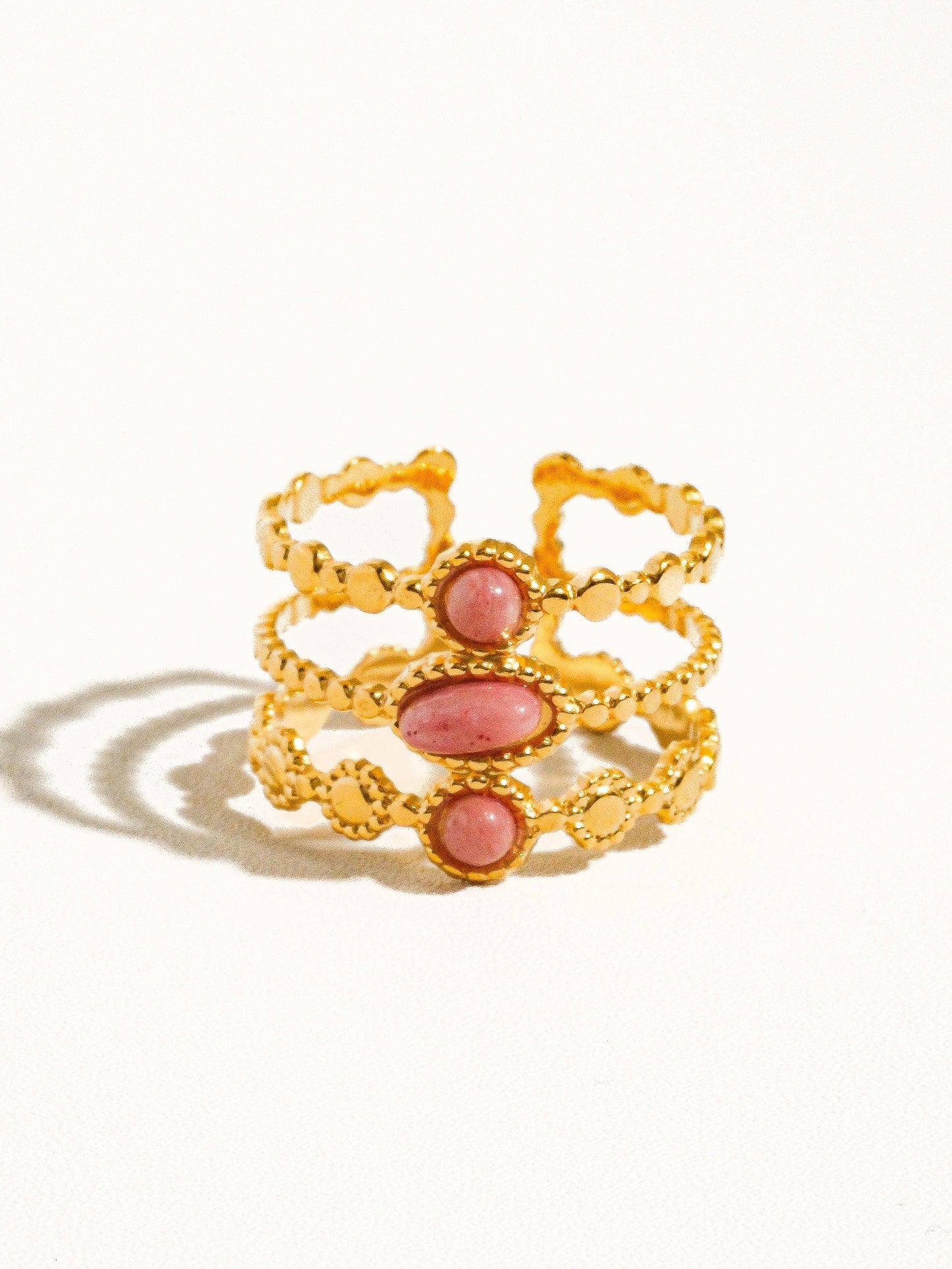 Posh 18K Gold Non-Tarnish Trilayer Adjustable Stone Ring: Pink