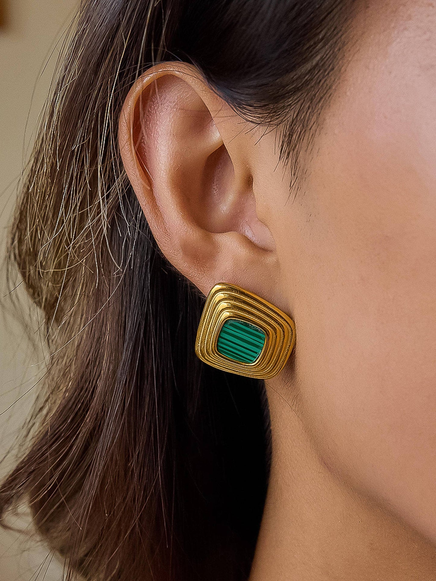 Solenne 18K Gold Non-Tarnish Enamel Square Earrings: Green