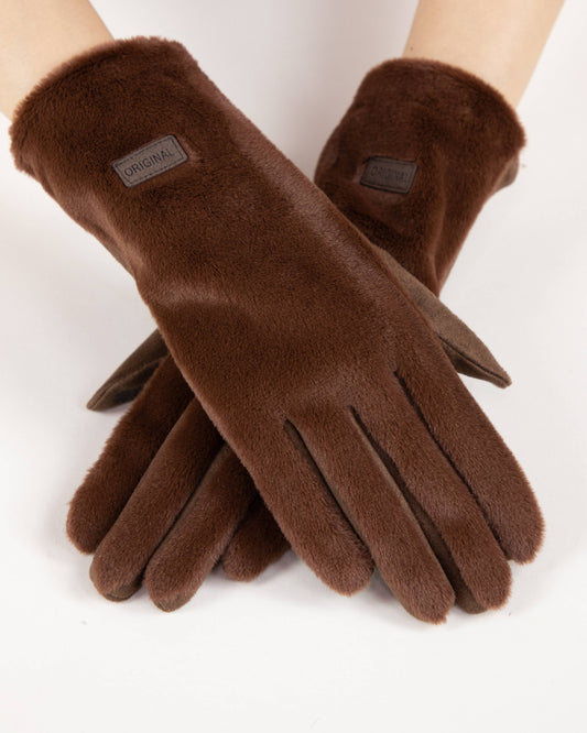 Soft Faux Fur Logo Gloves: Brown