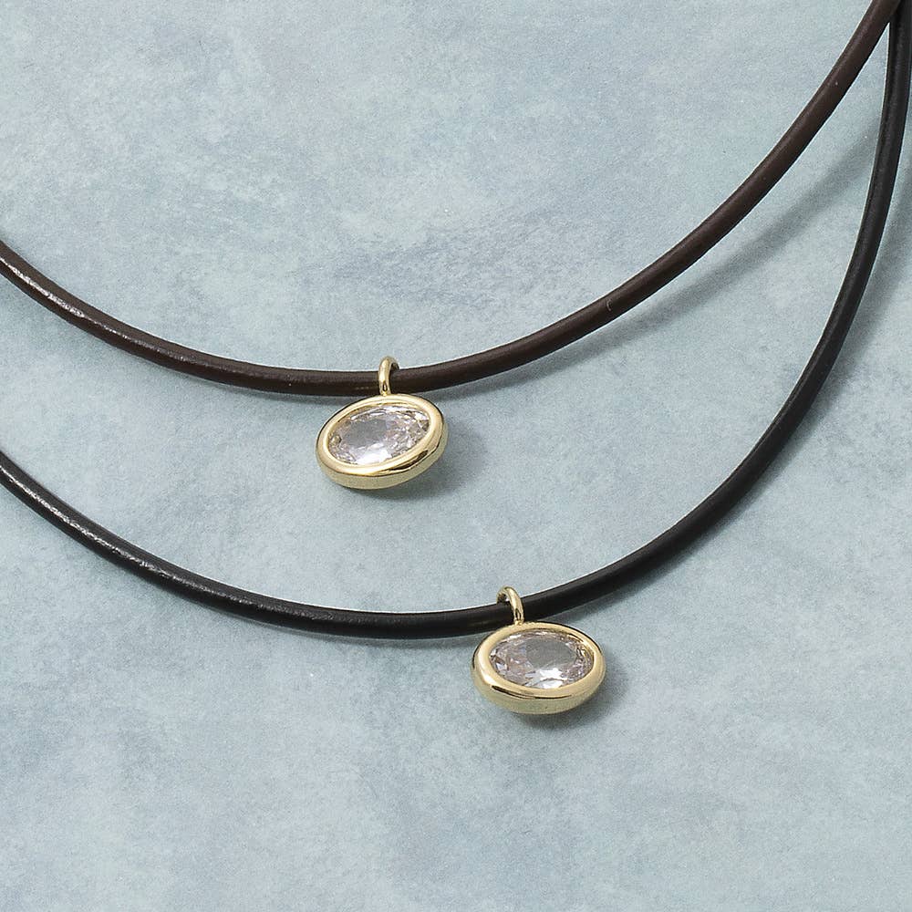 Gold Dipped Oval Bezel Cz Cord Pendant Necklace: Black