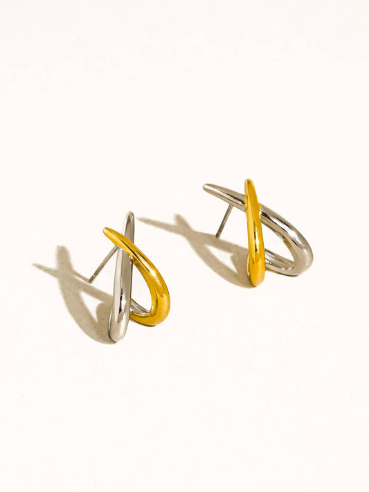 Staven 18K Gold Non-Tarnish Two Tone Crossover Earrings: Multi-Colored