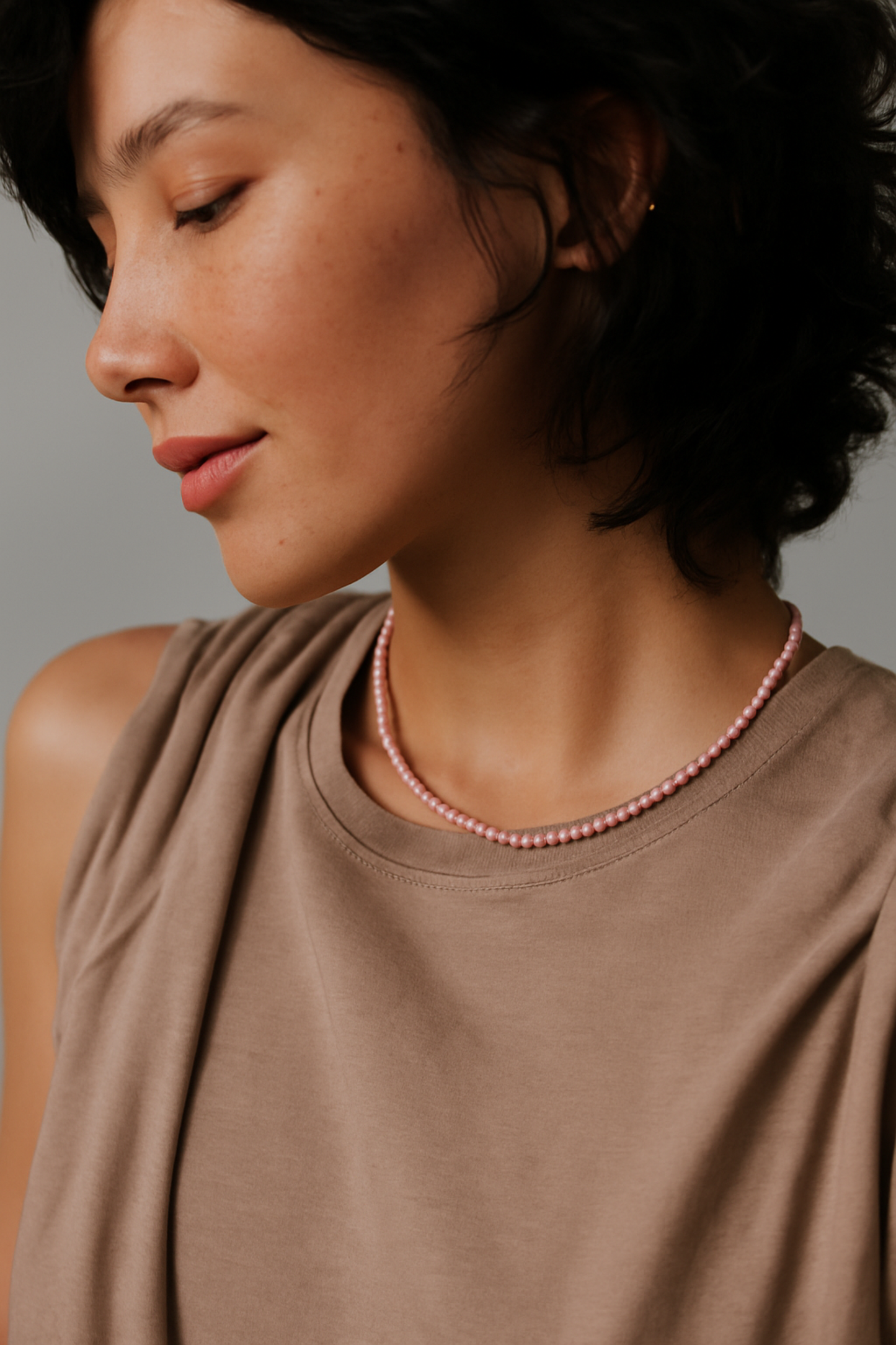 Natural Stone Beads Single Strand Necklace: Rhodonite Pink