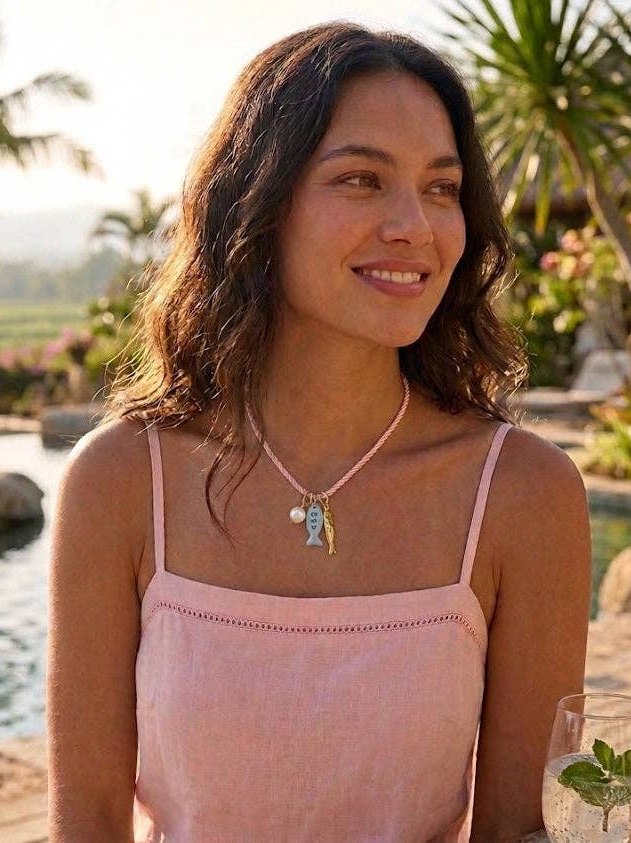 Beach Mode Coastal Pink Lagoon Rope Pearl Charm Necklace