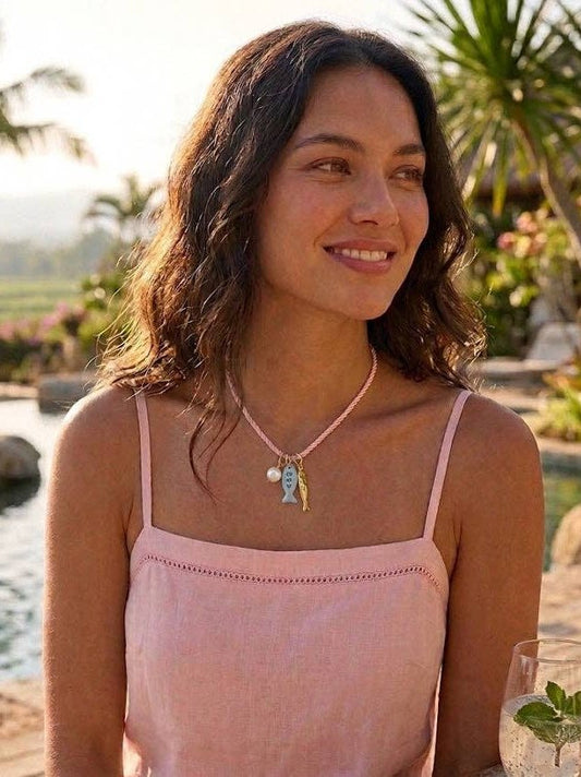 Beach Mode Coastal Pink Lagoon Rope Pearl Charm Necklace