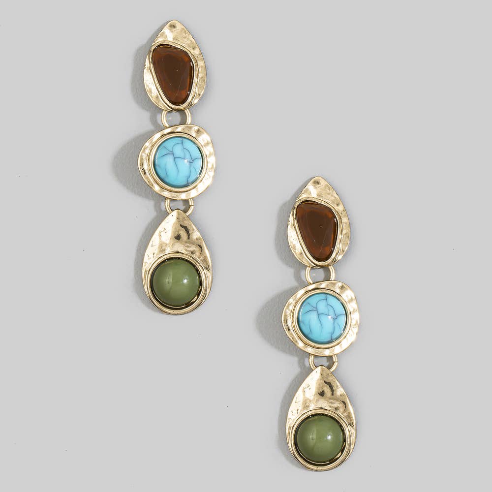 Triple Tier Resin Cabochon Hammered Drop Earrings