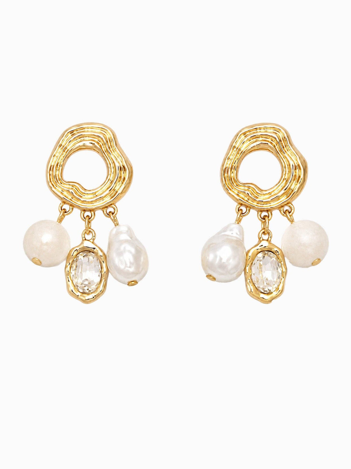 Organic Gem Stone Baroque Pearl Charm Drop Earrings