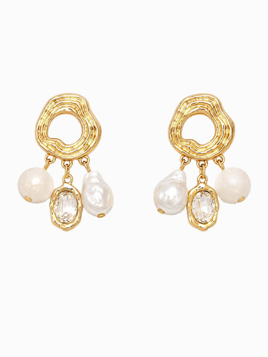 Organic Gem Stone Baroque Pearl Charm Drop Earrings
