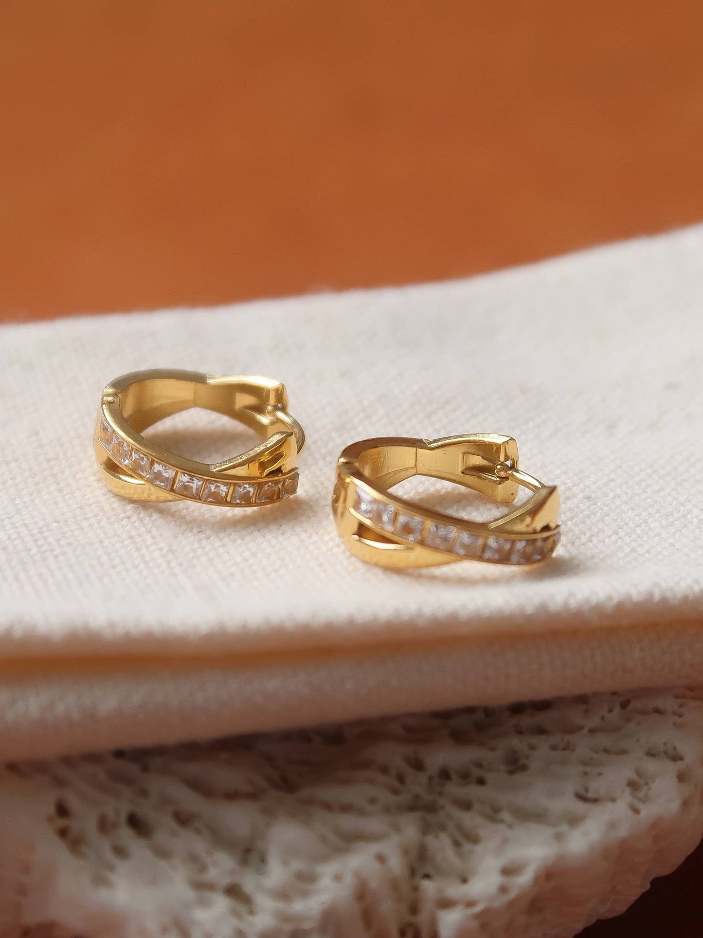 Maissac 18K Gold Non-Tarnish CZ Crossover Huggie Earrings