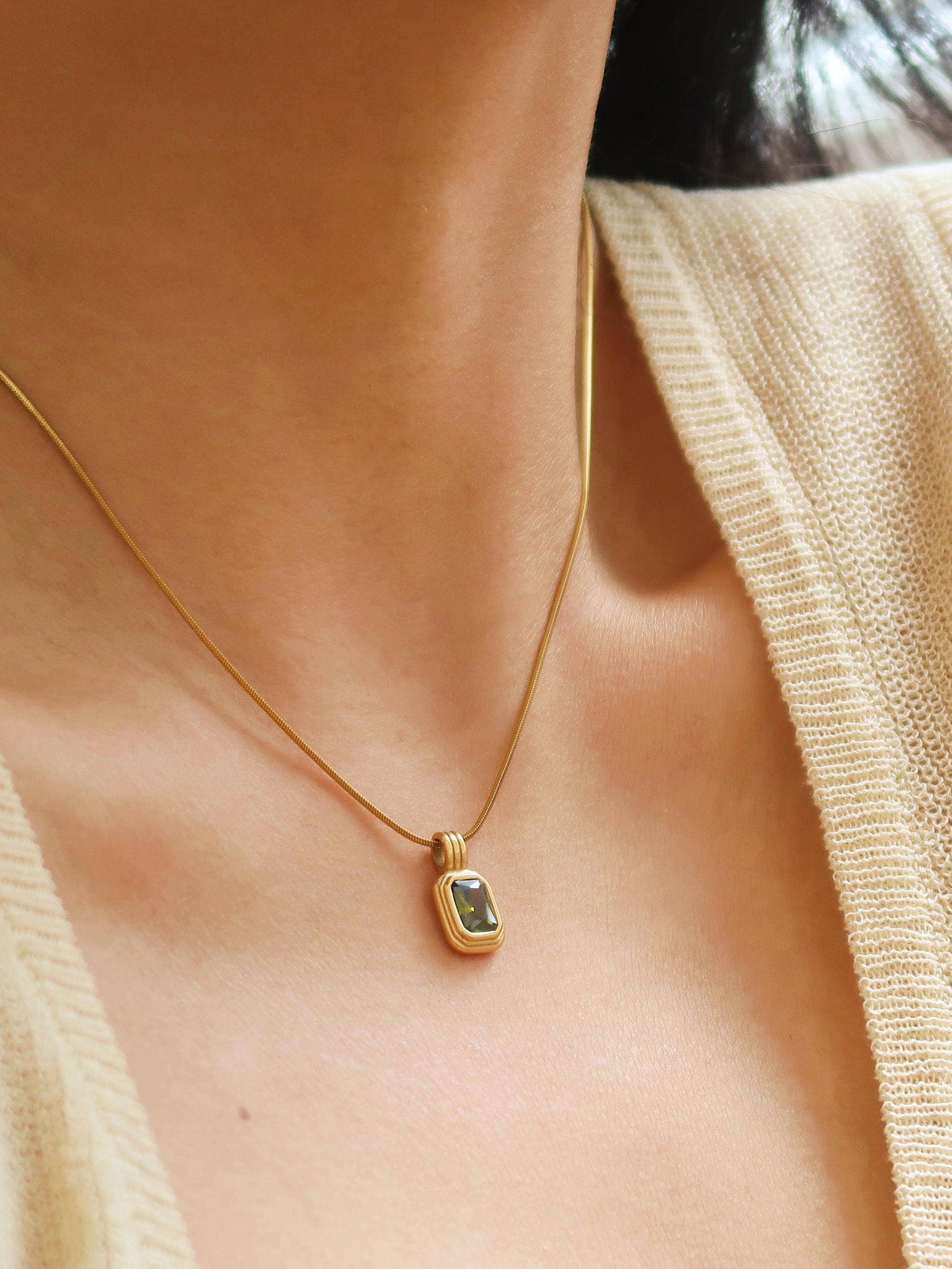 Maeve 18K Non-Tarnish Green Square Stone Pendant: Green