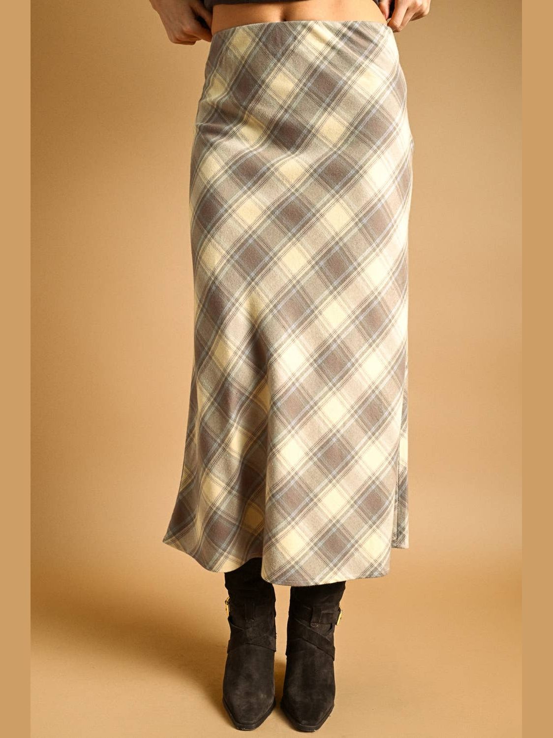 PLAID PRINTED STRETCH MAXI SKIRT