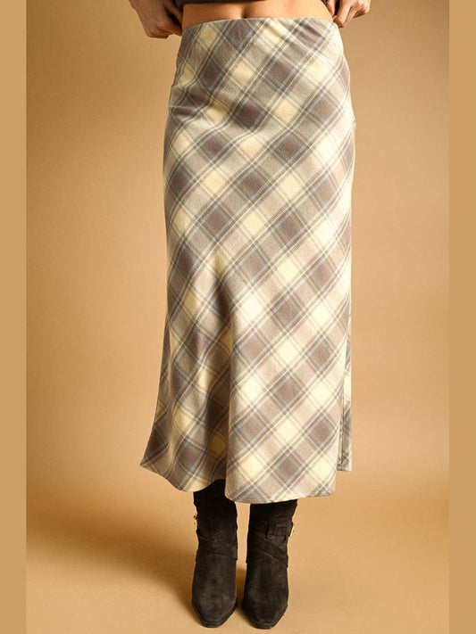 PLAID PRINTED STRETCH MAXI SKIRT