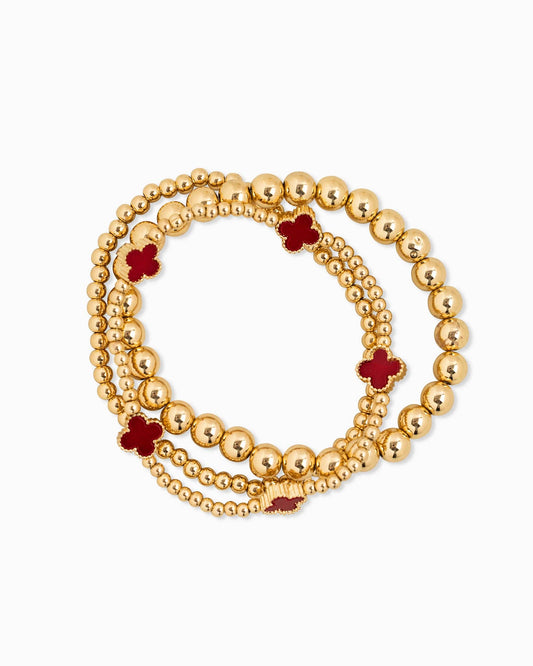 Mother of Pearl Clover Stretch Bead Bracelets Set - Burgundy