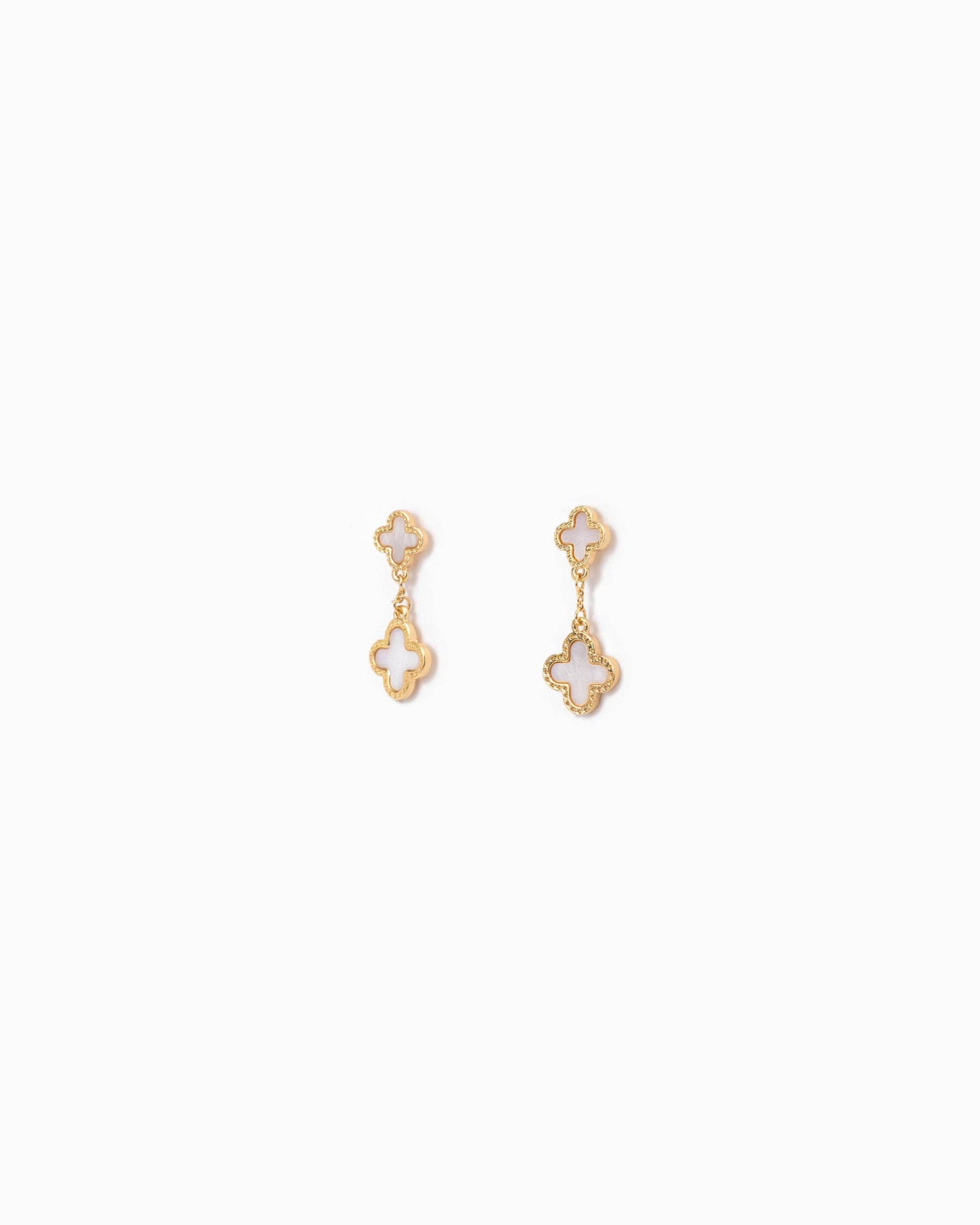 Mother of Pearl Double Clover Drop Earrings: Gold White
